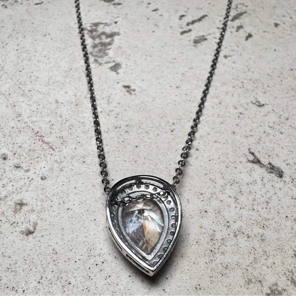 Silver Tone Purple Crystal Teardrop Pendant Necklace